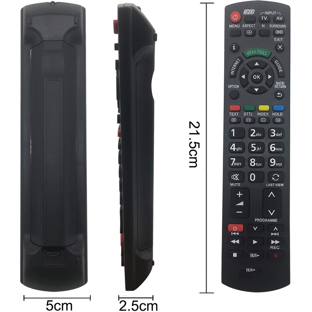 Eine schwarze TV-Fernbedienung mit Tasten und Beschriftungen, einschließlich Zahlen, Lautstärkeregelung und Ein-Aus-Taste, 21,5 cm hoch.