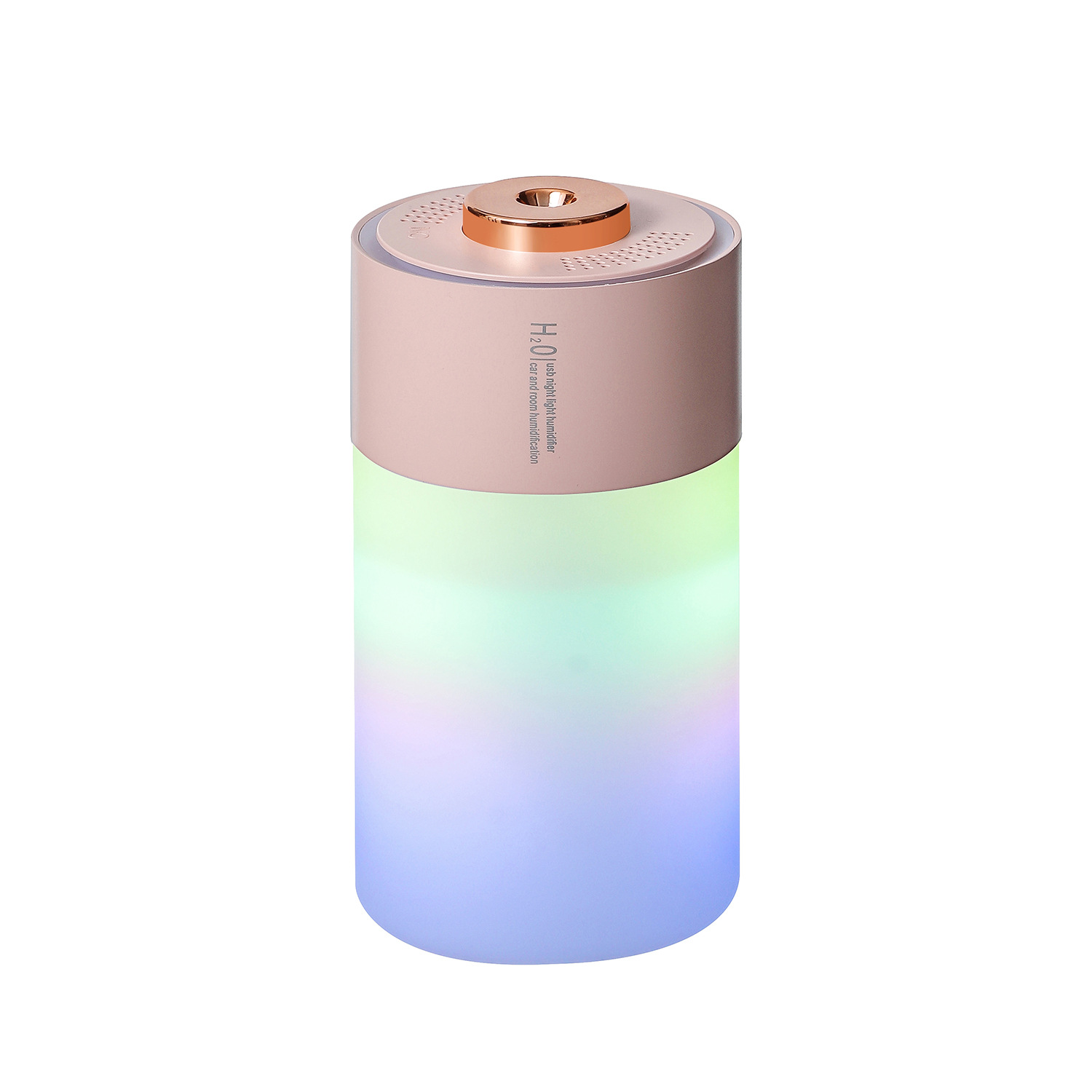Ein zylindrischer Luftbefeuchter mit roségoldfarbener Oberseite. Der untere Teil leuchtet in einem Farbverlauf von Blau nach Grün.