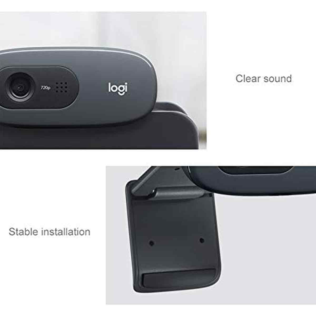 Eine Logitech-Webcam. Zu den Funktionen gehören klarer Ton und stabile Installation. Die Webcam ist dunkelgrau.