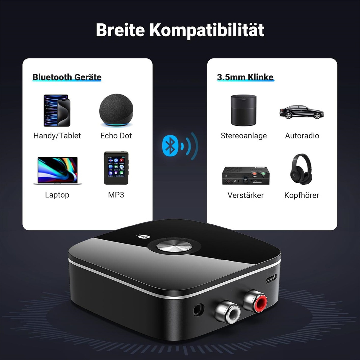 Ein schwarzes Gerät mit Audioausgangsanschlüssen. Zeigt die Kompatibilität mit Bluetooth-Geräten und 3,5-mm-Klinkengeräten.
