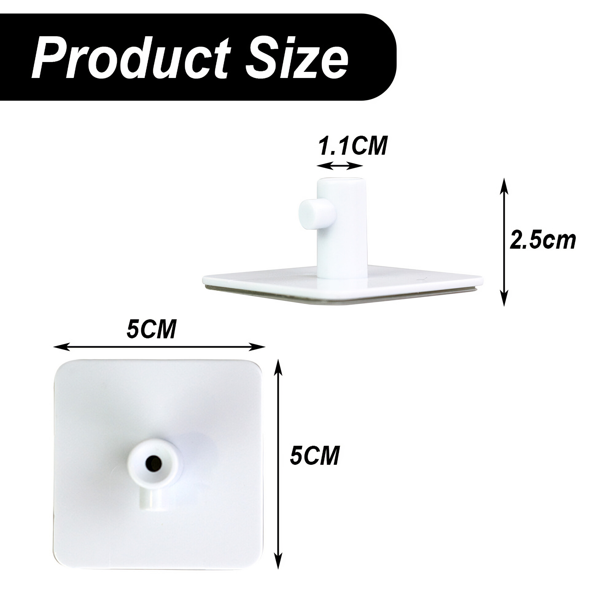 Das Bild zeigt einen weißen Klebehaken. Die Abmessungen sind beschriftet: 5 cm x 5 cm, 1,1 cm und 2,5 cm.