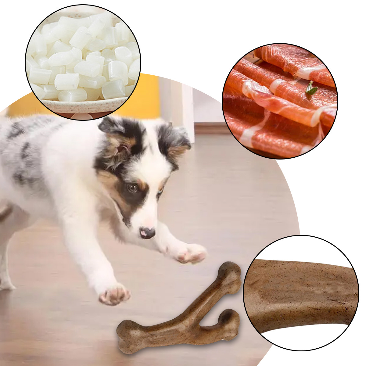 Ein Hund greift nach einem Kauspielzeug. Insets zeigen Lebensmittel: Würfel, Aufschnitt. Hintergrund ist ein Holzboden.