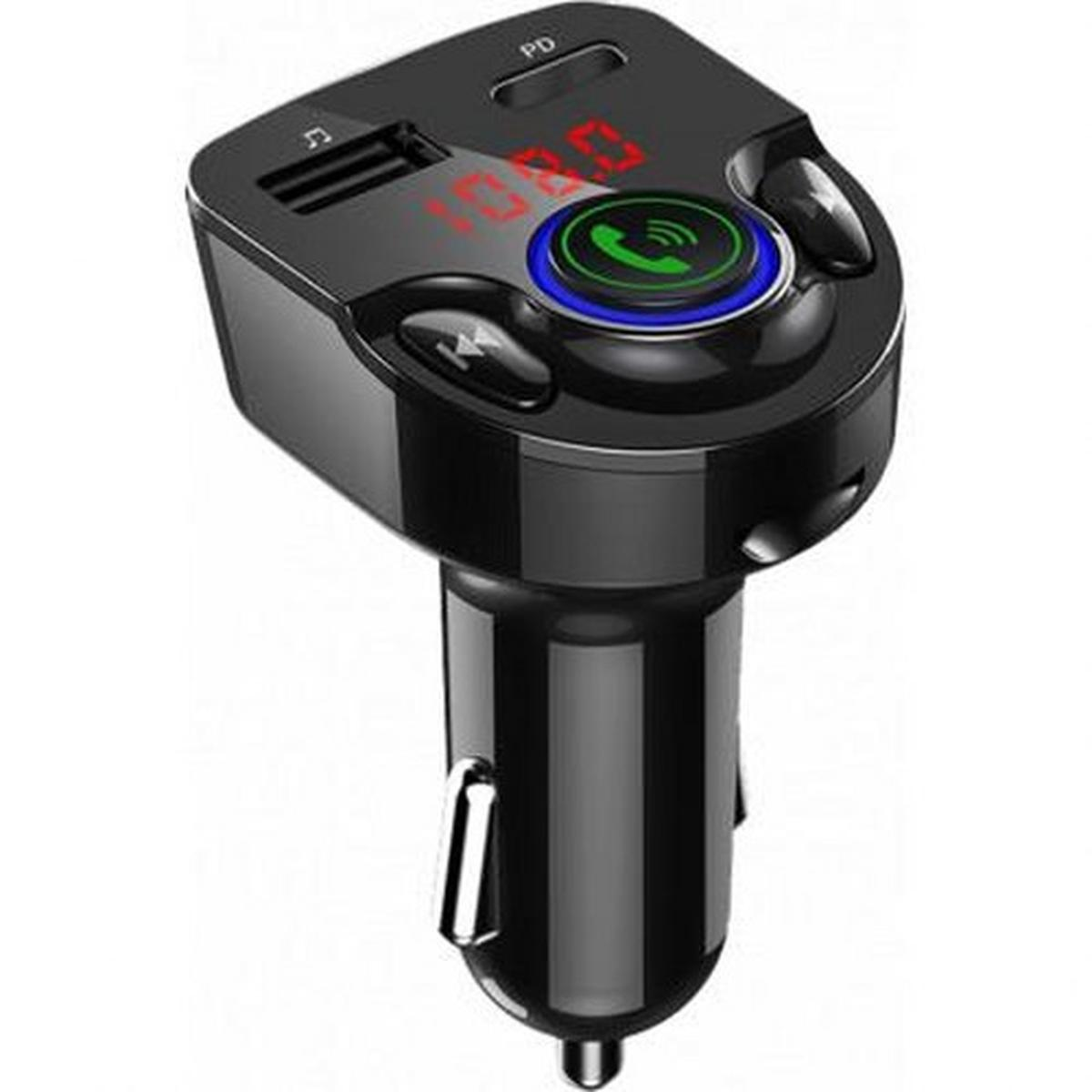 Trasmettitore FM Bluetooth per auto nero. Ha un display, pulsanti e una porta USB. Si collega all'accendisigari dell'auto.