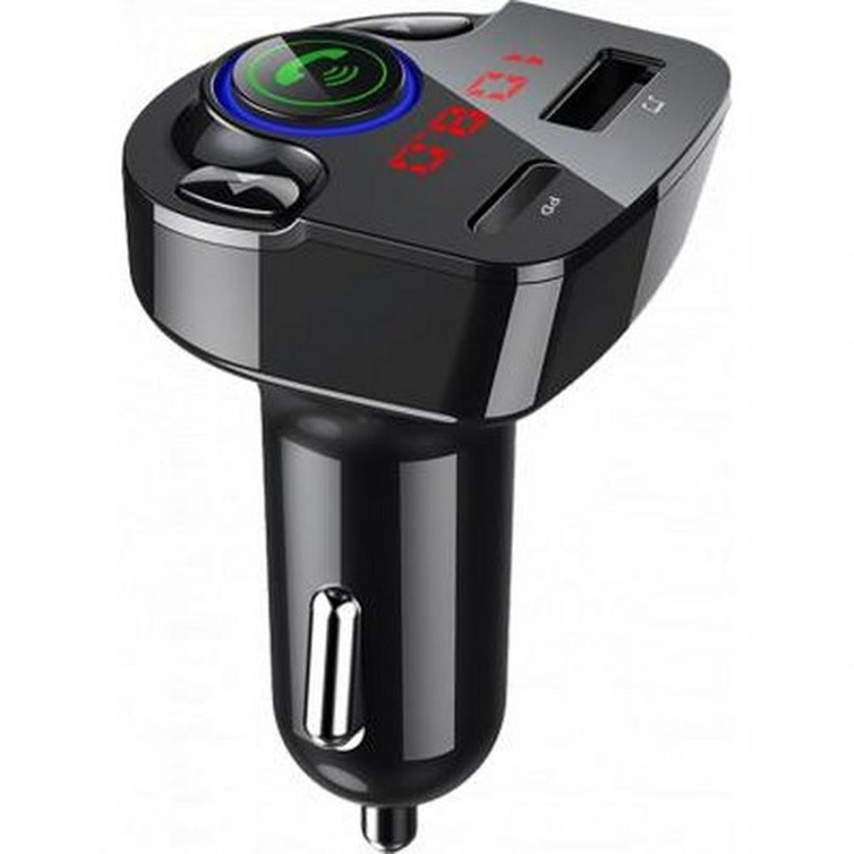 Caricabatterie per auto nero con display digitale. Dispone di porte USB e di un pulsante di chiamata.