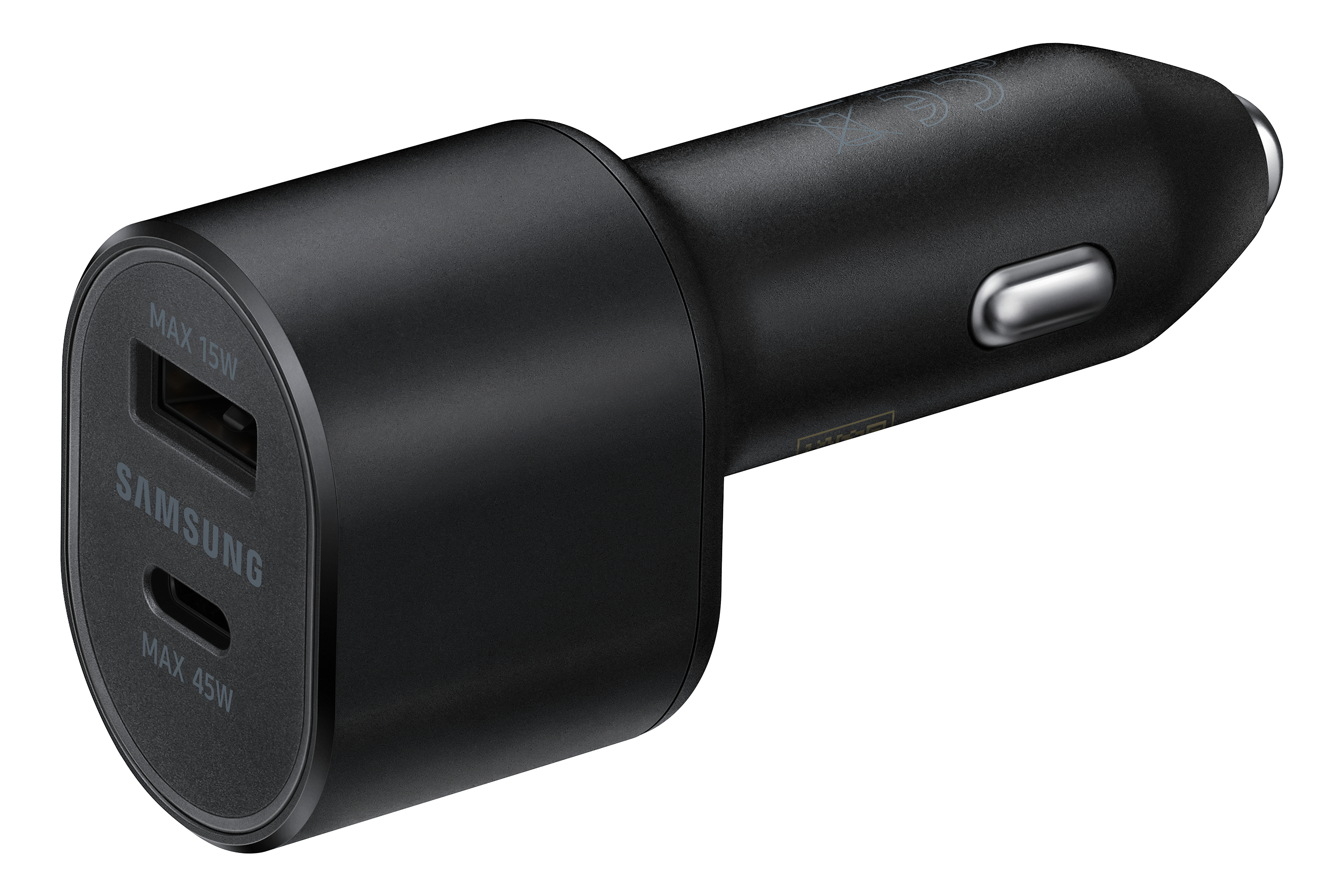 Un caricabatterie per auto Samsung nero. Ha porte USB e USB-C con etichetta MAX 15W e MAX 45W. Il caricabatterie è su sfondo bianco.