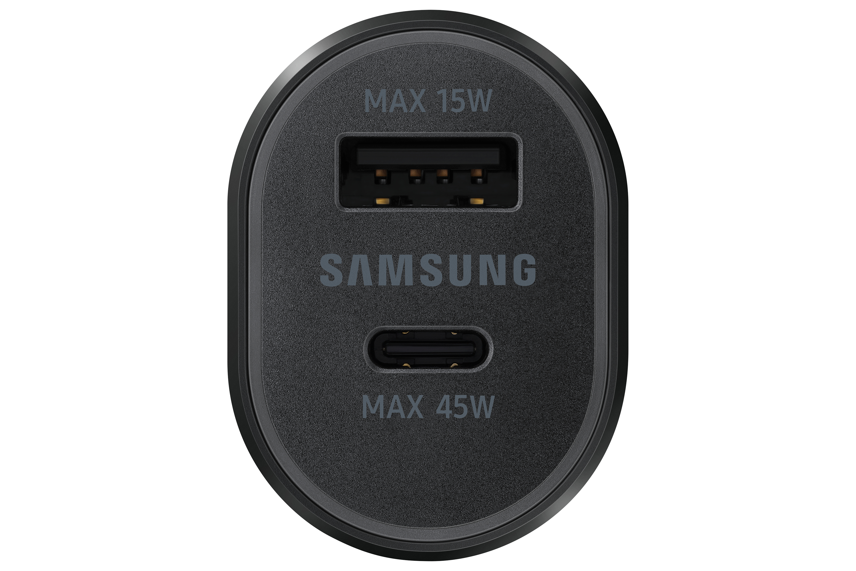 Caricabatterie per auto Samsung nero con porte USB e USB-C. Il testo indica max 15W e 45W.