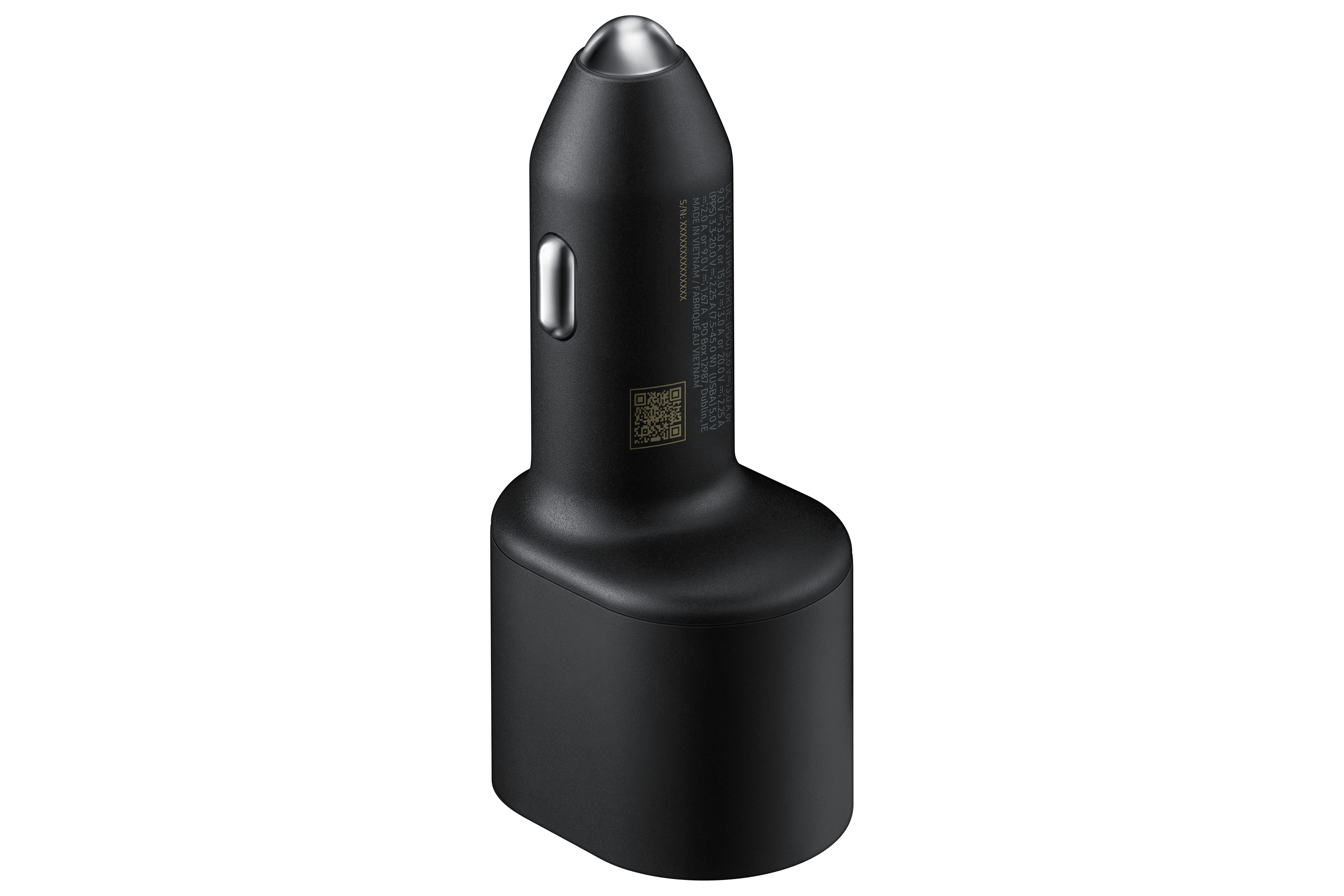 Caricabatterie per auto nero con punta argentata. Ha una porta USB e dettagli di testo. Codice QR visibile.