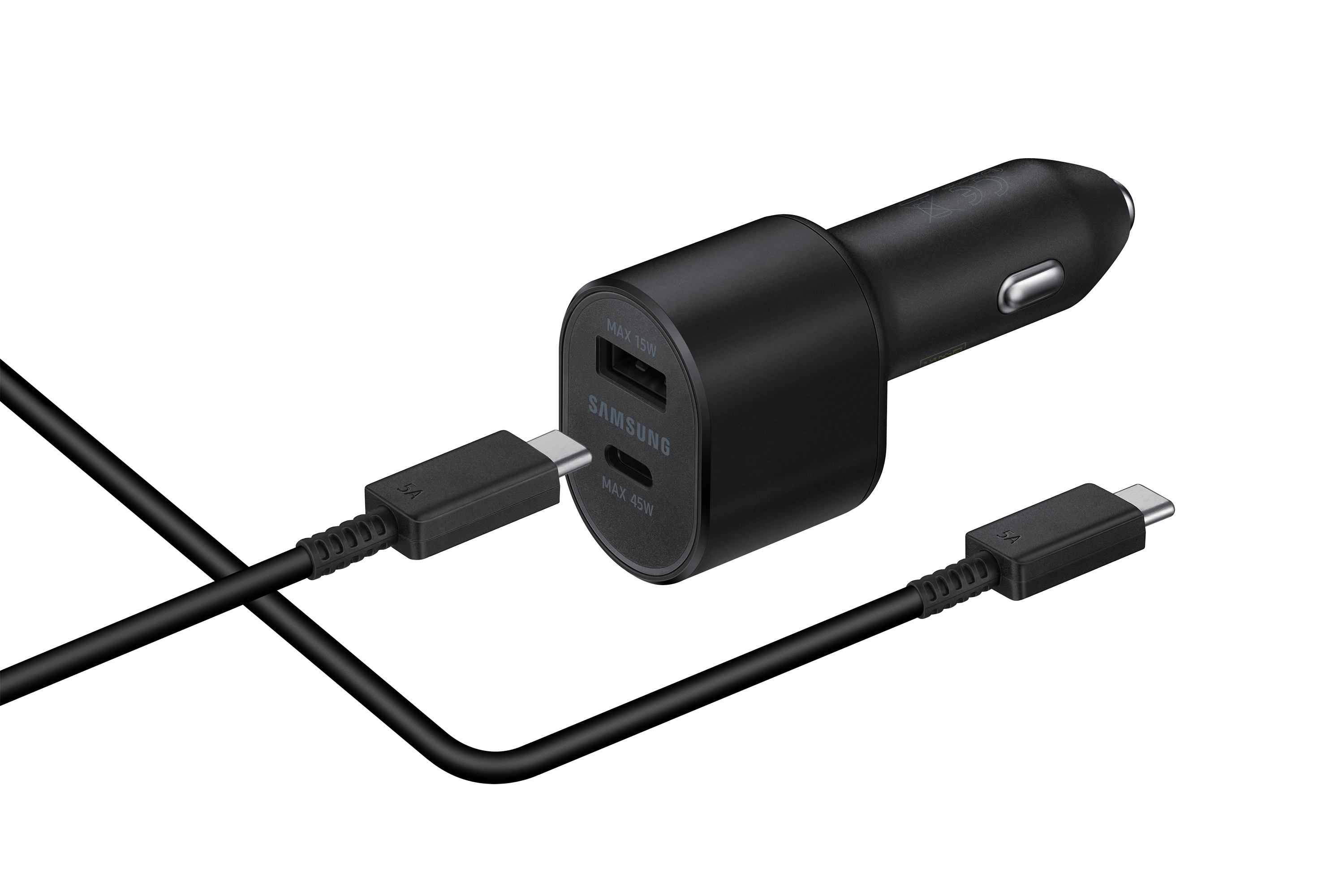 Caricabatterie per auto Samsung nero con due porte USB e due cavi USB-C, isolato su sfondo bianco.