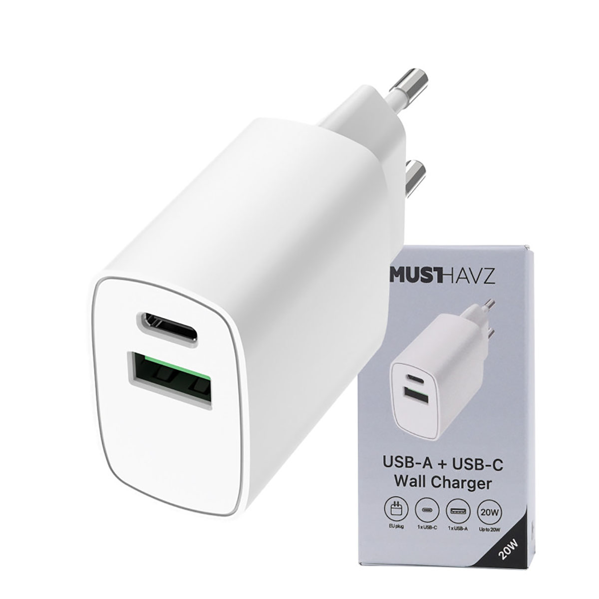 Un caricabatterie da parete USB-A e USB-C bianco con una scatola che dice 'MUSHAVZ USB-A + USB-C Wall Charger 20W'.