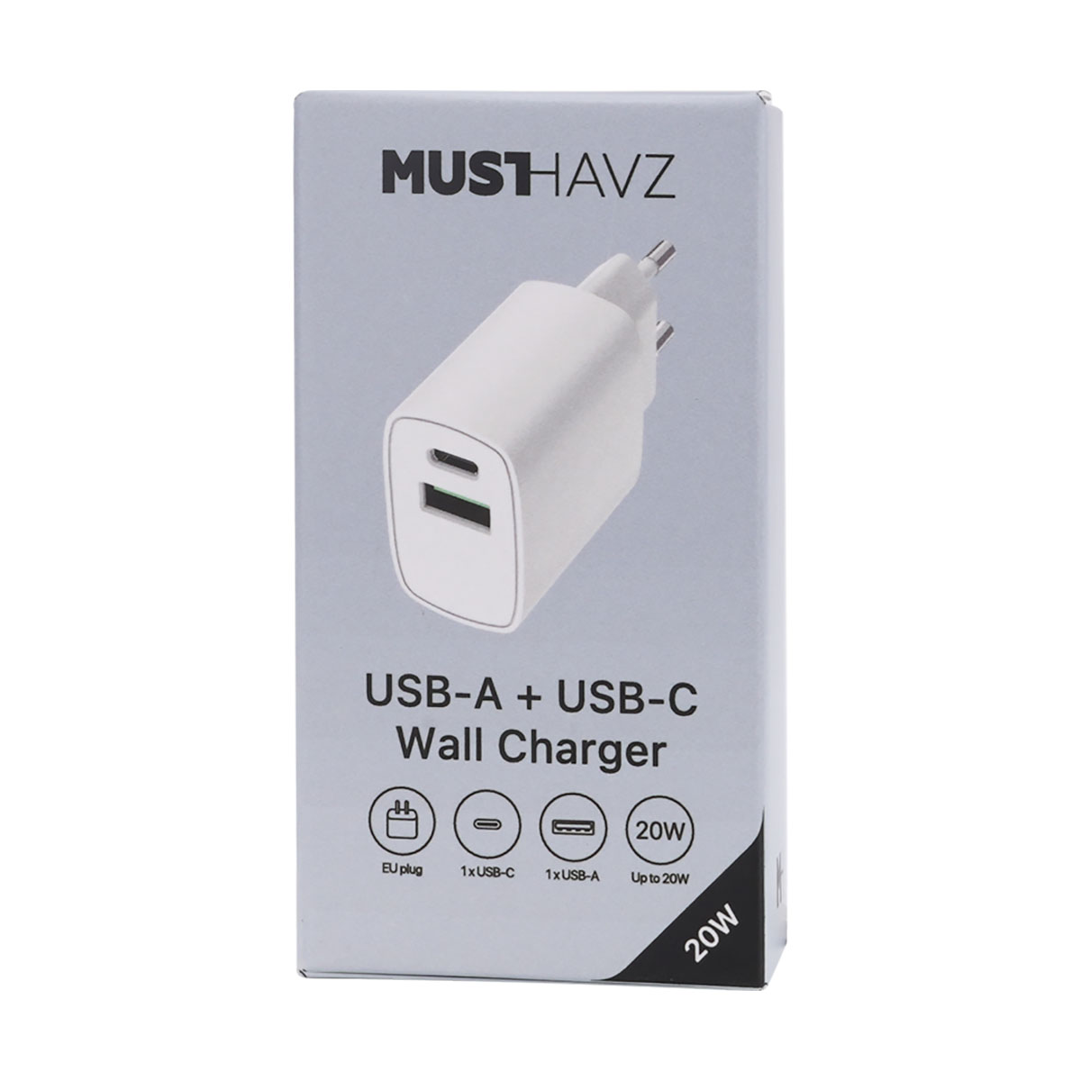 Una scatola bianca MUSTHAVZ USB-A + USB-C per caricabatterie da muro, con un'etichetta da 20W. Mostra il caricabatterie e le sue funzioni.