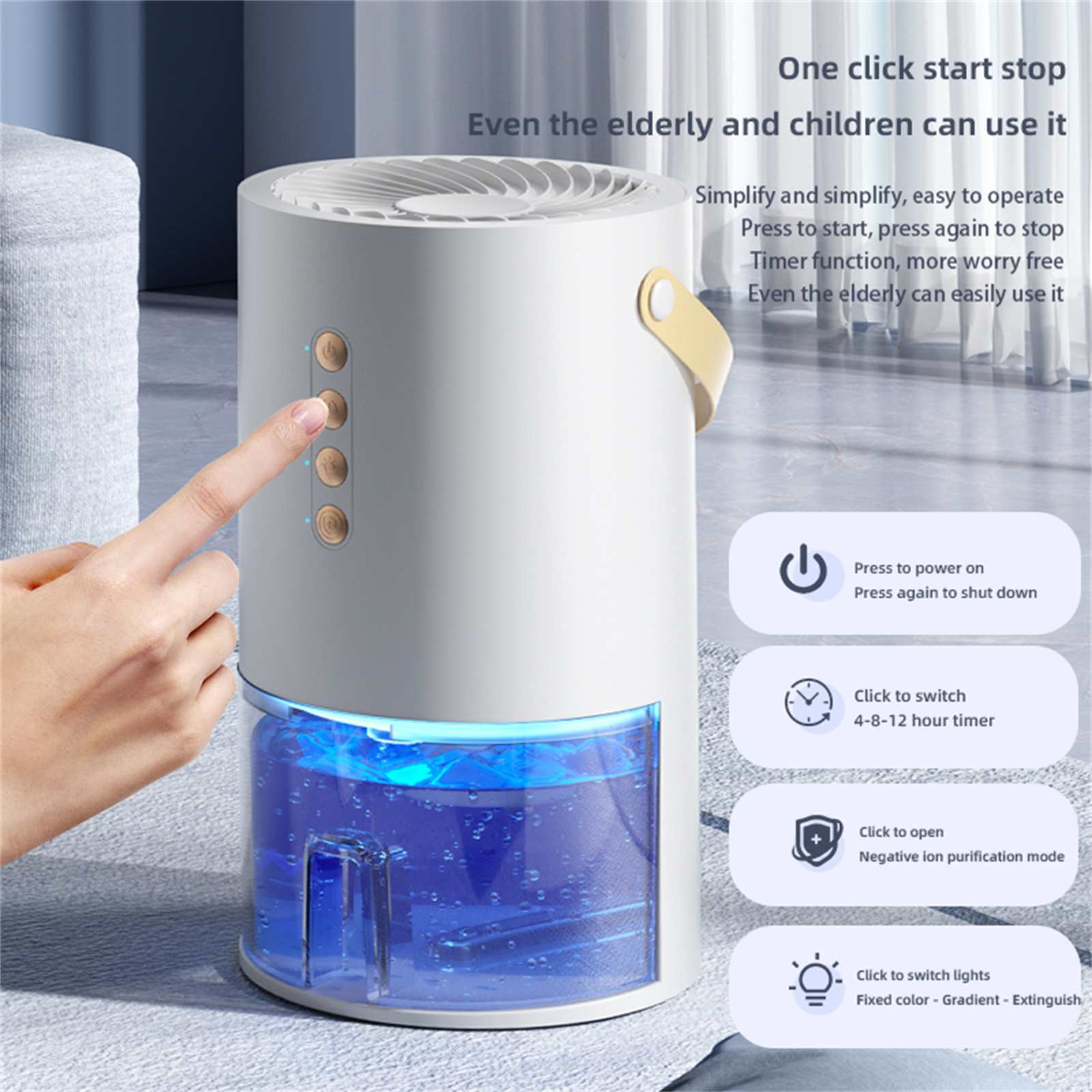 Eine Hand drückt eine Taste auf einem weißen Luftreiniger. Der Reiniger hat einen Wassertank mit blauer Flüssigkeit.