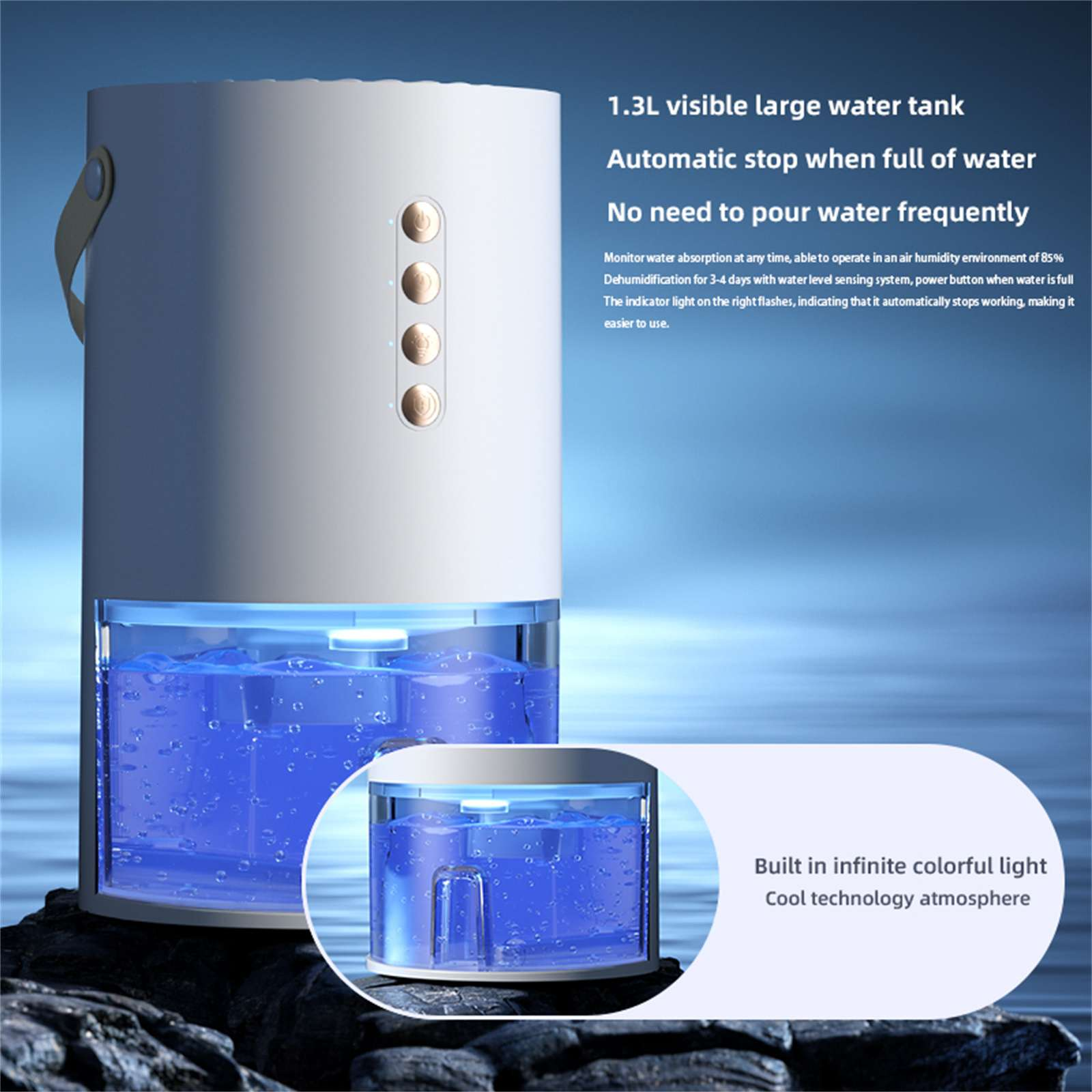 Weißer Luftbefeuchter mit blauem Wasser im Tank. Hat Bedienelemente und einen Griff. Text: automatischer Stopp und kein häufiges Gießen.