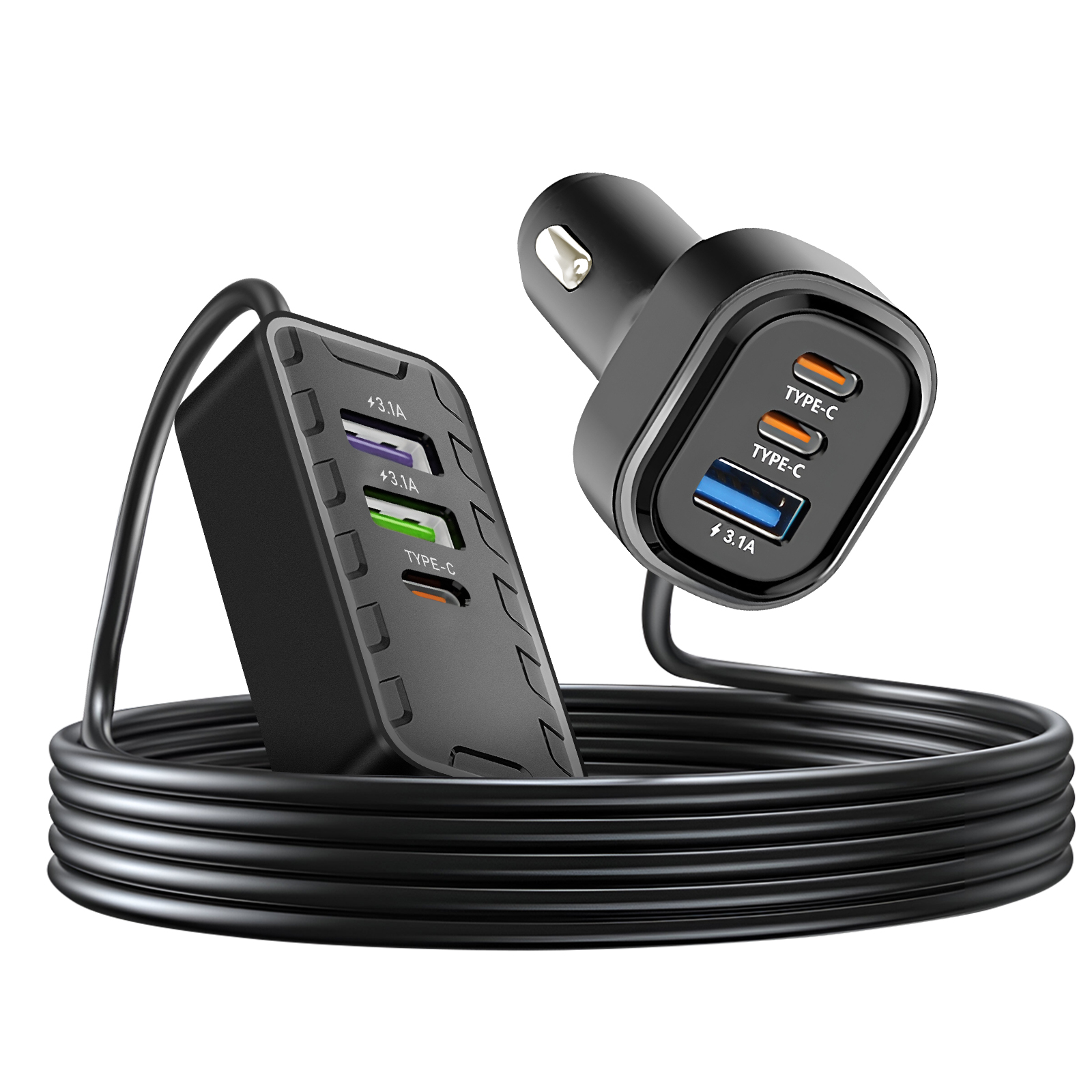 Caricabatterie per auto nero con più porte USB. Include un adattatore e una stazione di ricarica con cavi.