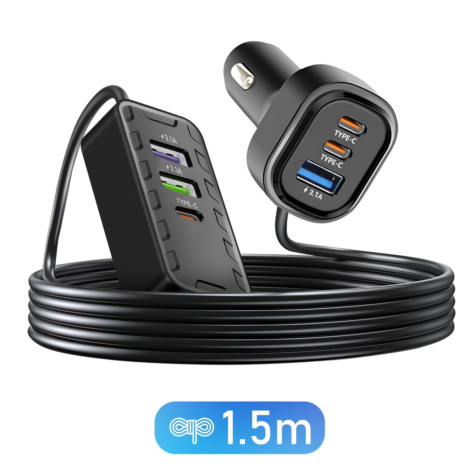 Un caricabatterie per auto nero con più porte USB. Il cavo è arrotolato. Testo: 1,5 m.