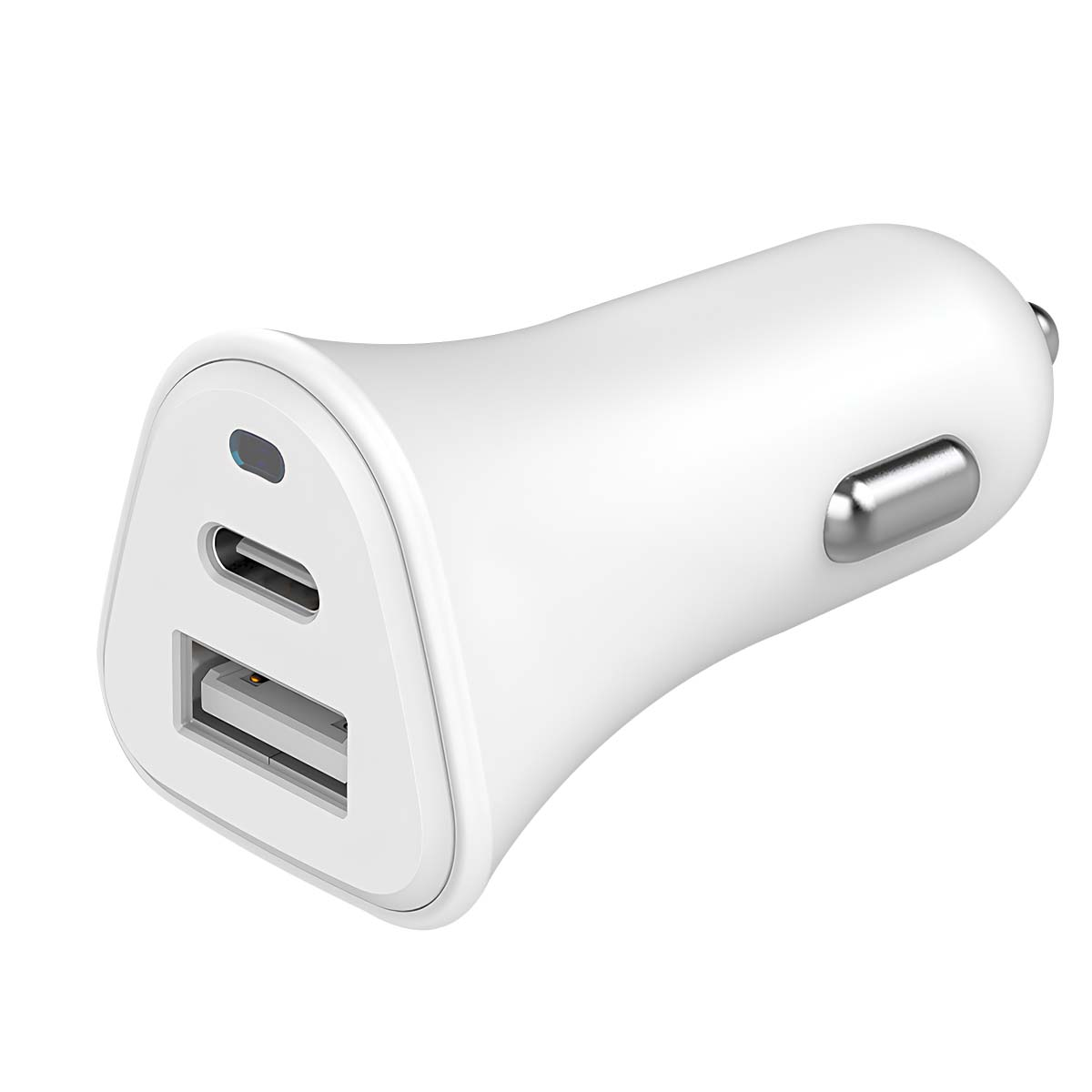 Ein weißes Autoladegerät mit zwei USB-Anschlüssen. Es hat ein glattes, geschwungenes Design mit einem silbernen Detail und einer blauen Anzeige.