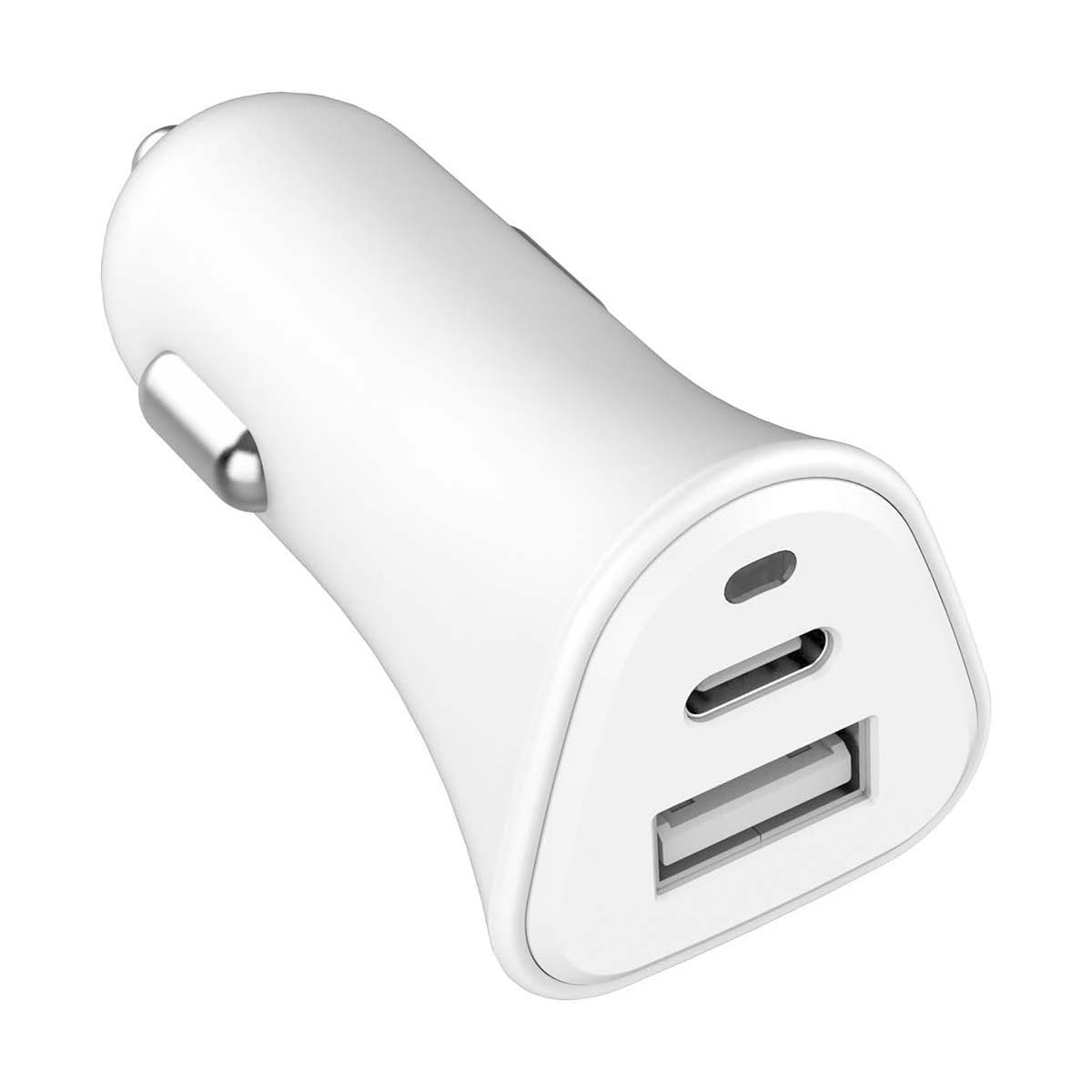 Ein weißes Autoladegerät mit zwei Anschlüssen. Einer ist ein USB-Anschluss, der andere ein USB-C-Anschluss. Das Ladegerät ist zylindrisch.