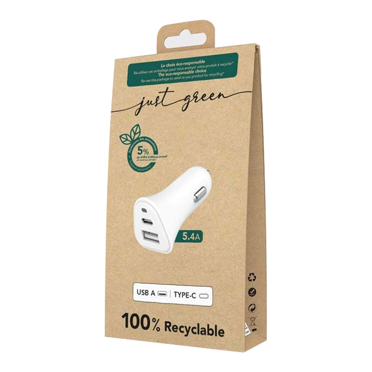 Eine braune Schachtel mit einem weißen Ladegerät mit der Aufschrift 'just green'. Es hat USB- und Typ-C-Optionen und ist 100% recycelbar.