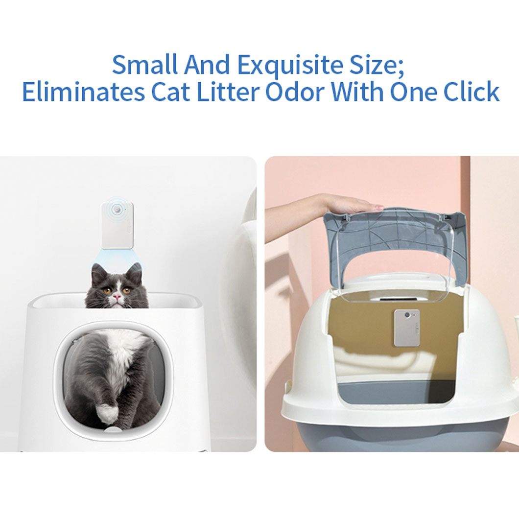 Das Bild zeigt eine Katze in einer Katzentoilette mit Geruchsbeseitiger. Eine Hand öffnet den Deckel. Text: Beseitigt Katzenstreugeruch mit einem Klick.
