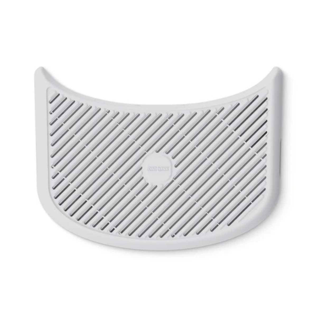 Een witte Cat Link kattenbakmat met een gebogen bovenkant. Het heeft een rasterpatroon en het Cat Link-logo in het midden.