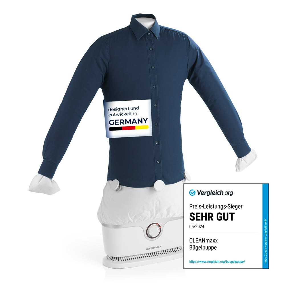 Ein marineblaues Hemd auf einer weißen Büste. Es wurde in Deutschland entworfen, mit der Bewertung 'Sehr Gut' von Vergleich.org und CLEANMAXX Bügelpuppe.