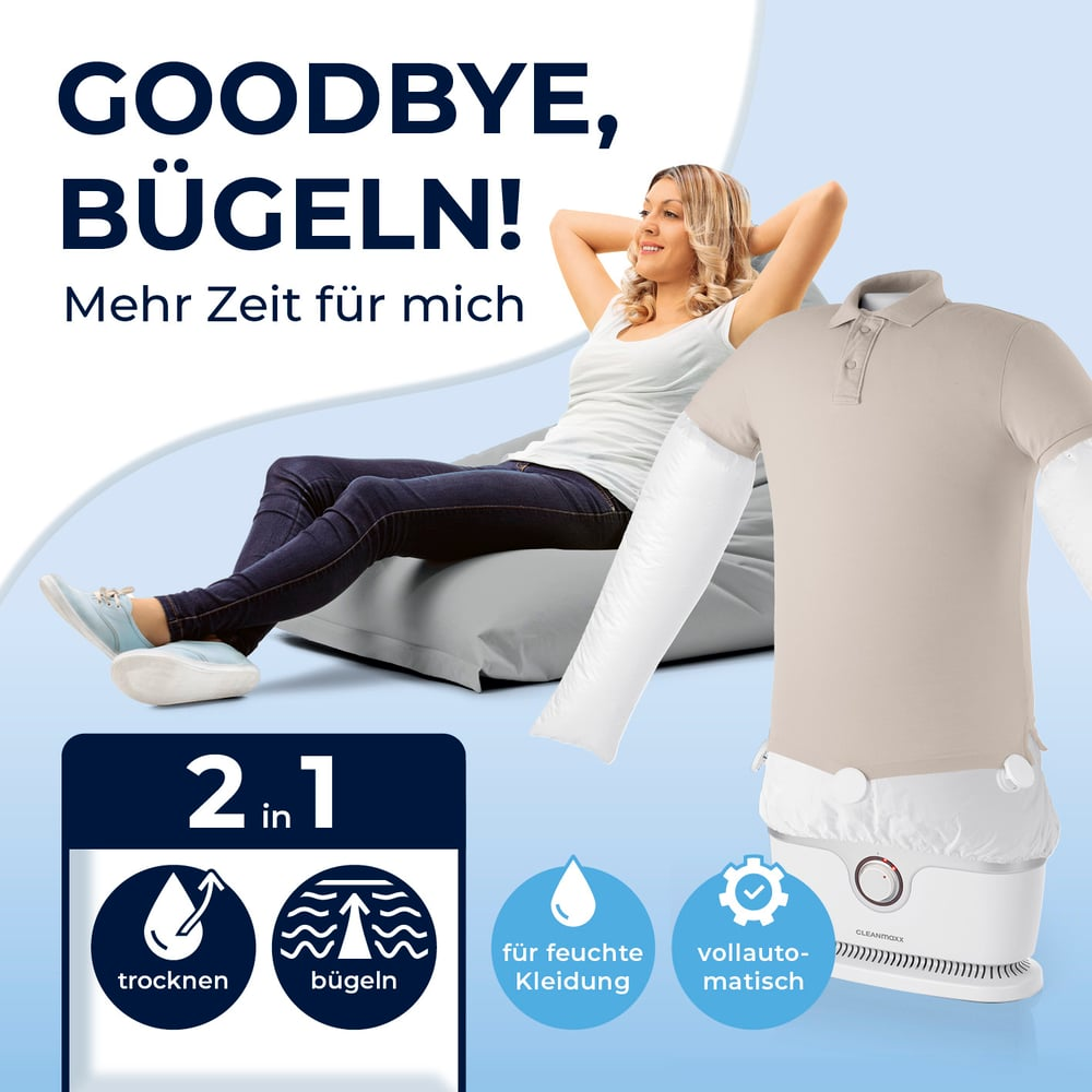 Frau entspannt sich auf einem Sitzsack, Hemd auf dem Dampfer. Text: Auf Wiedersehen Bügeln, mehr Zeit für mich. Icons für Trocknen und Bügeln.