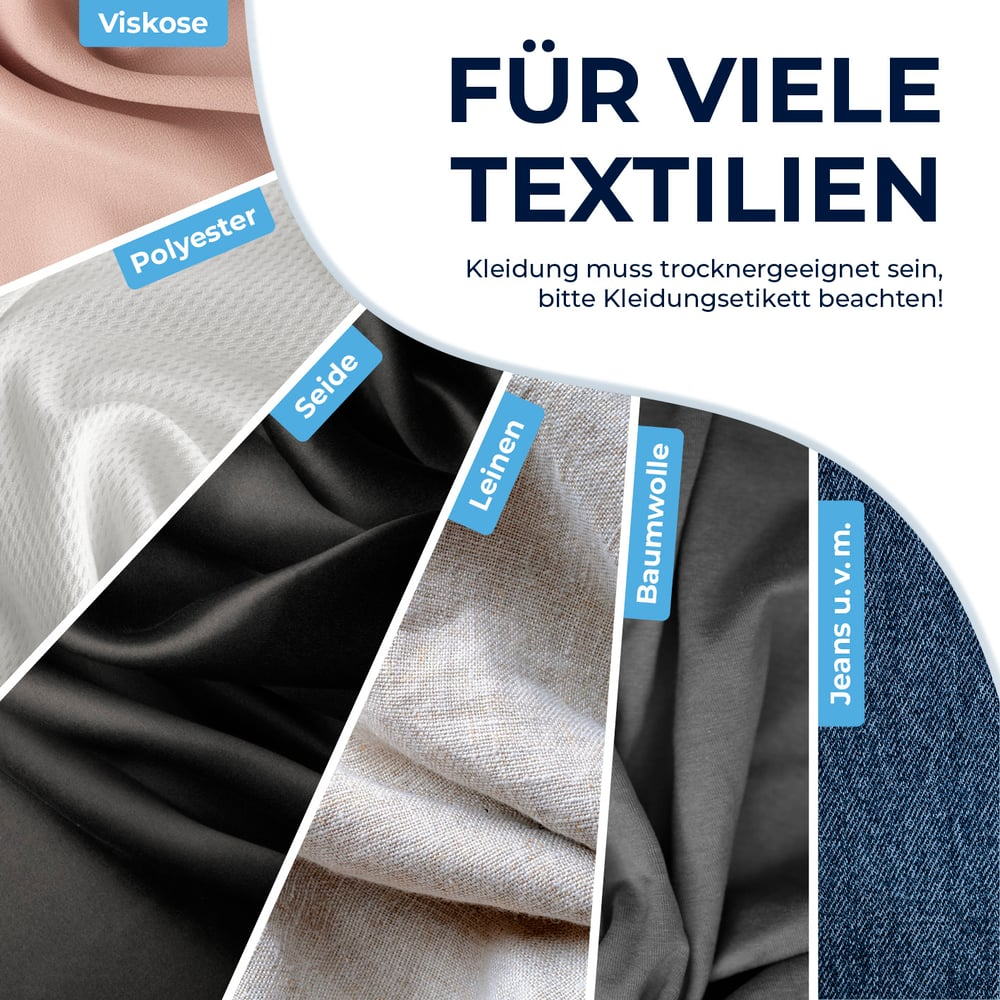Das Bild zeigt Stoffmuster: Viskose, Polyester, Seide, Leinen, Baumwolle und Jeans. Text: 'Für viele Textilien' und Pflegehinweise.