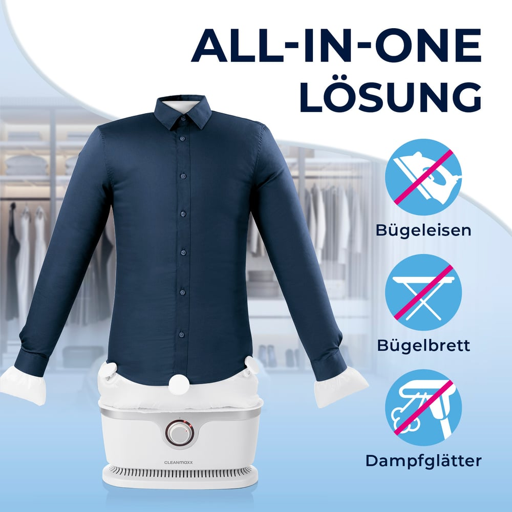 Ein marineblaues Hemd auf einem weißen Steamer. Text sagt All-in-one-Lösung. Kein Bügeleisen, Bügelbrett oder Dampfglätter benötigt.