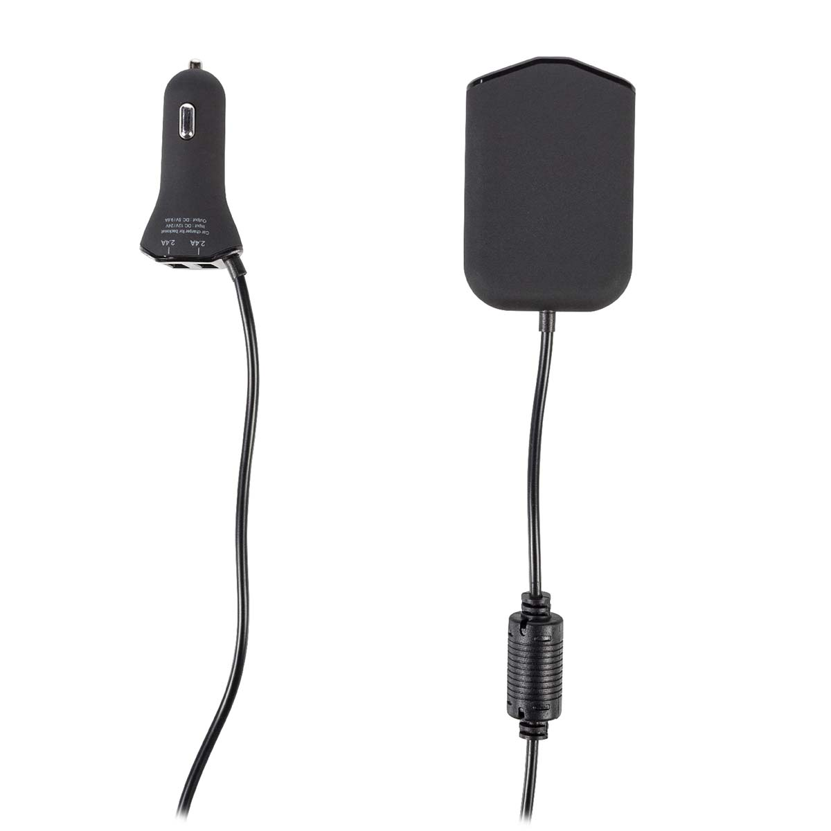 Due caricabatterie per auto neri su sfondo bianco. Uno ha una porta USB, l'altro un design rettangolare arrotondato.