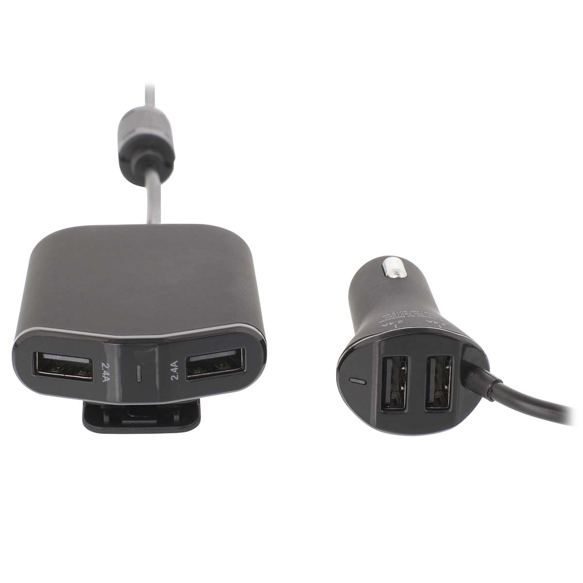 Due caricabatterie per auto neri con porte USB. Uno è un hub a due porte, l'altro è un caricabatterie a porta singola.