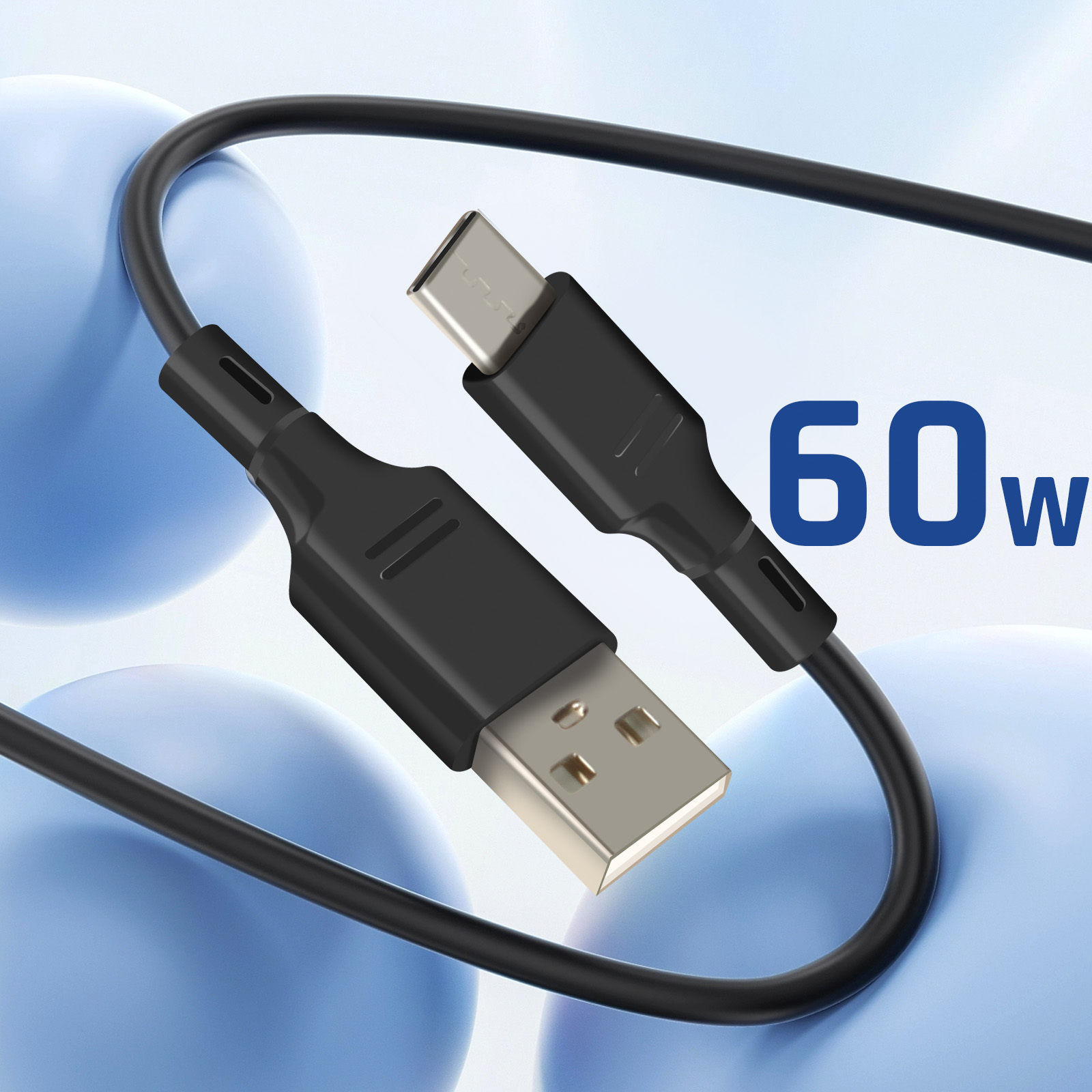 Cavo USB-C nero con connettori USB e USB-C. Il testo "60w" è visibile.