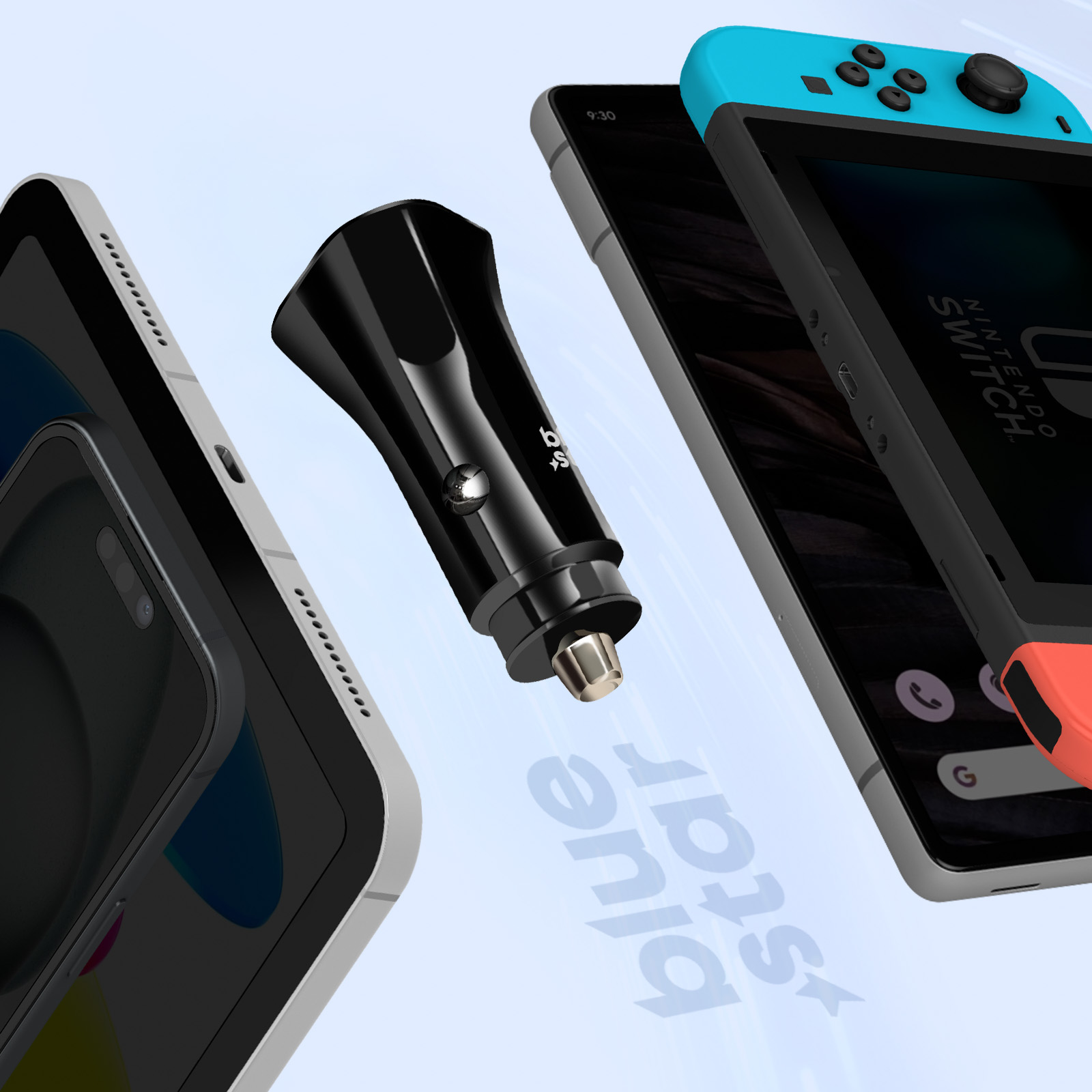 L'immagine mostra un caricabatterie per auto nero, un tablet e una Nintendo Switch. Lo sfondo è azzurro con un logo 'blue star'.