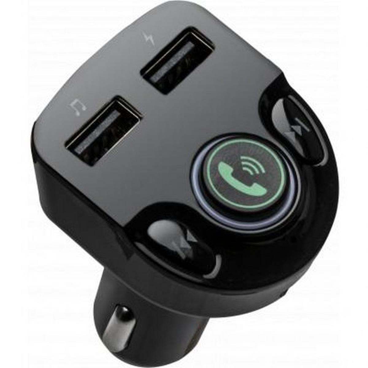 Adattatore per auto nero con porte USB, pulsante di chiamata e controlli musicali. Dispone di un'icona del telefono e un simbolo musicale.