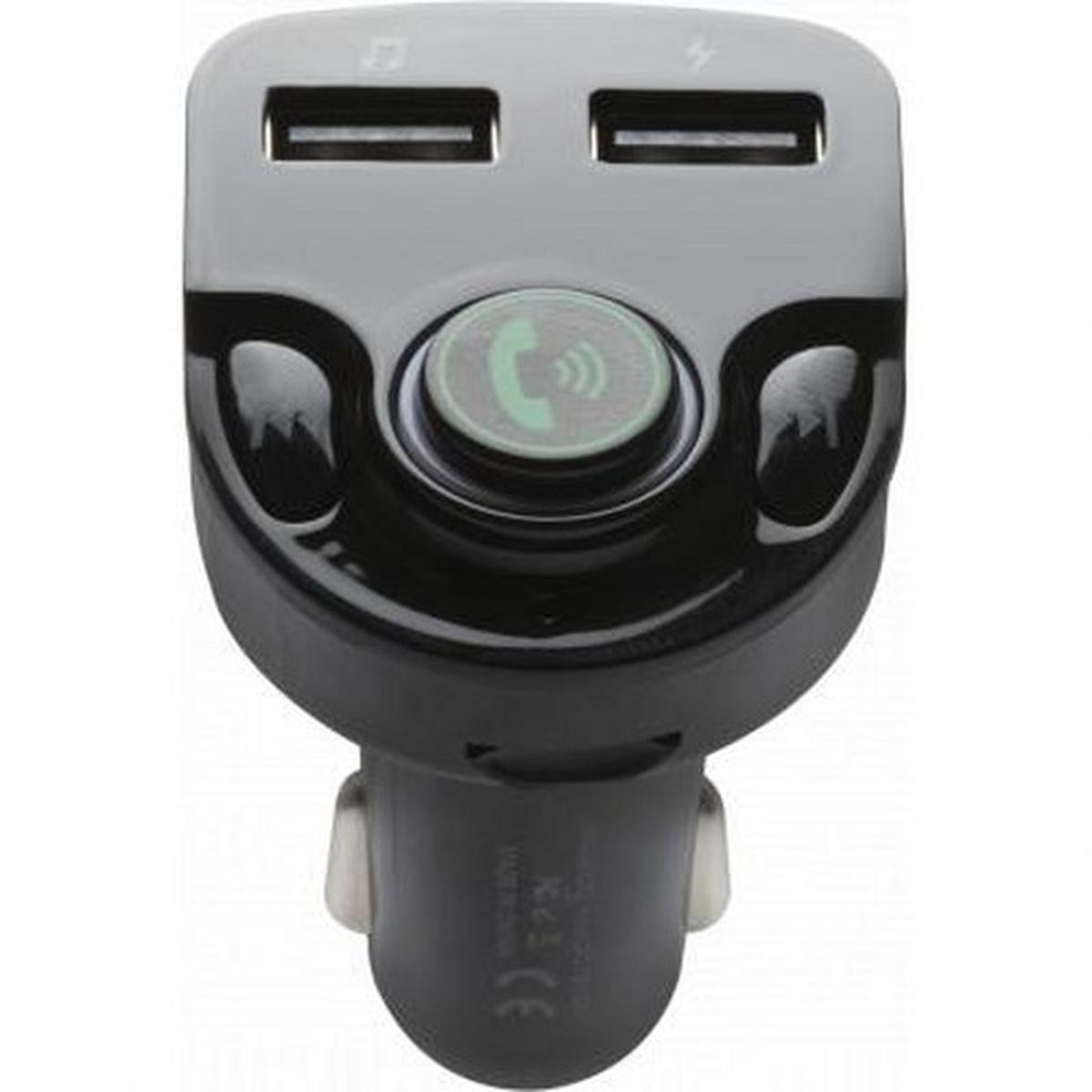 Un caricabatterie per auto nero con due porte USB, un pulsante di chiamata e una spina per accendisigari.