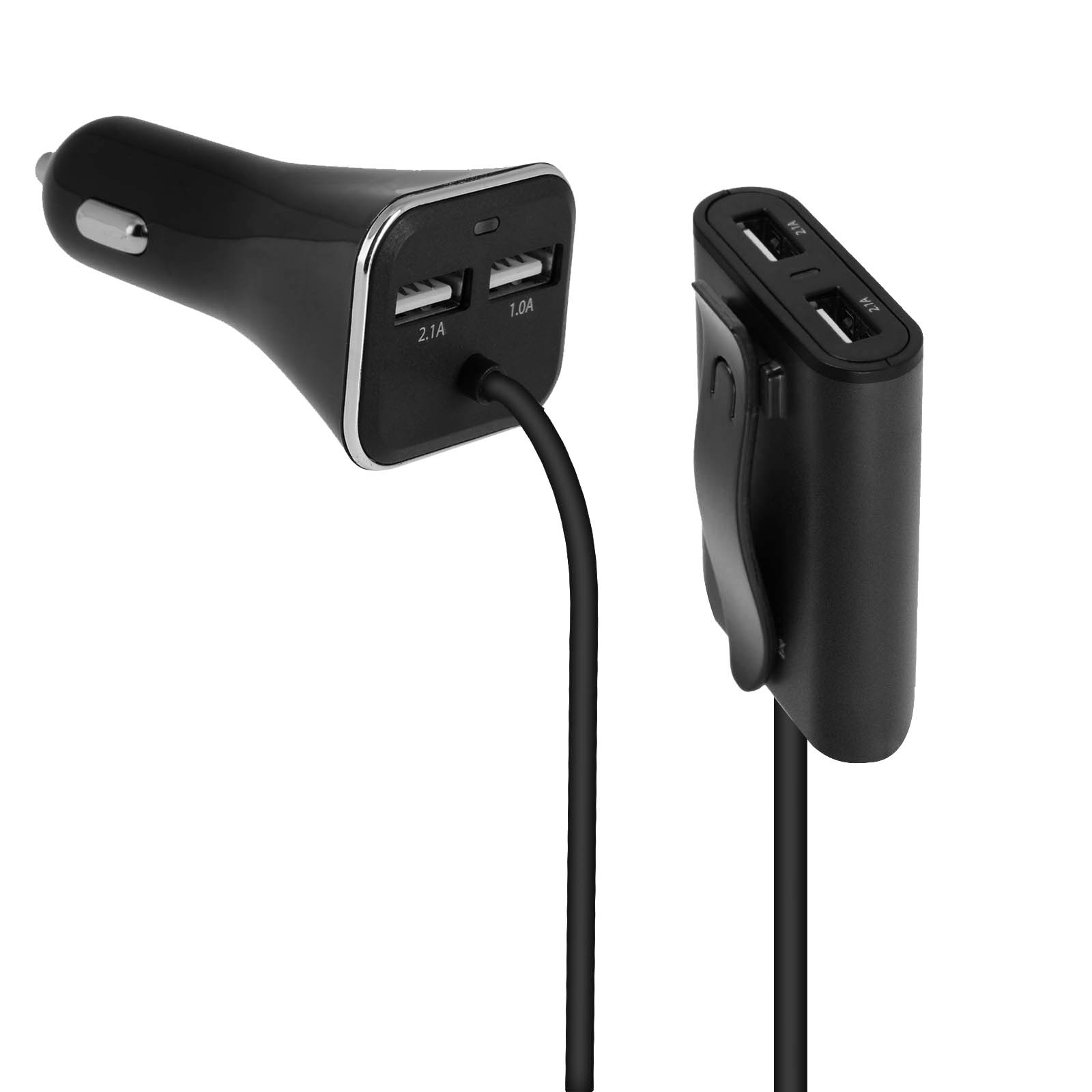 Caricabatterie per auto nero con due porte USB, una porta USB separata e cavi di collegamento, tutto su sfondo bianco.