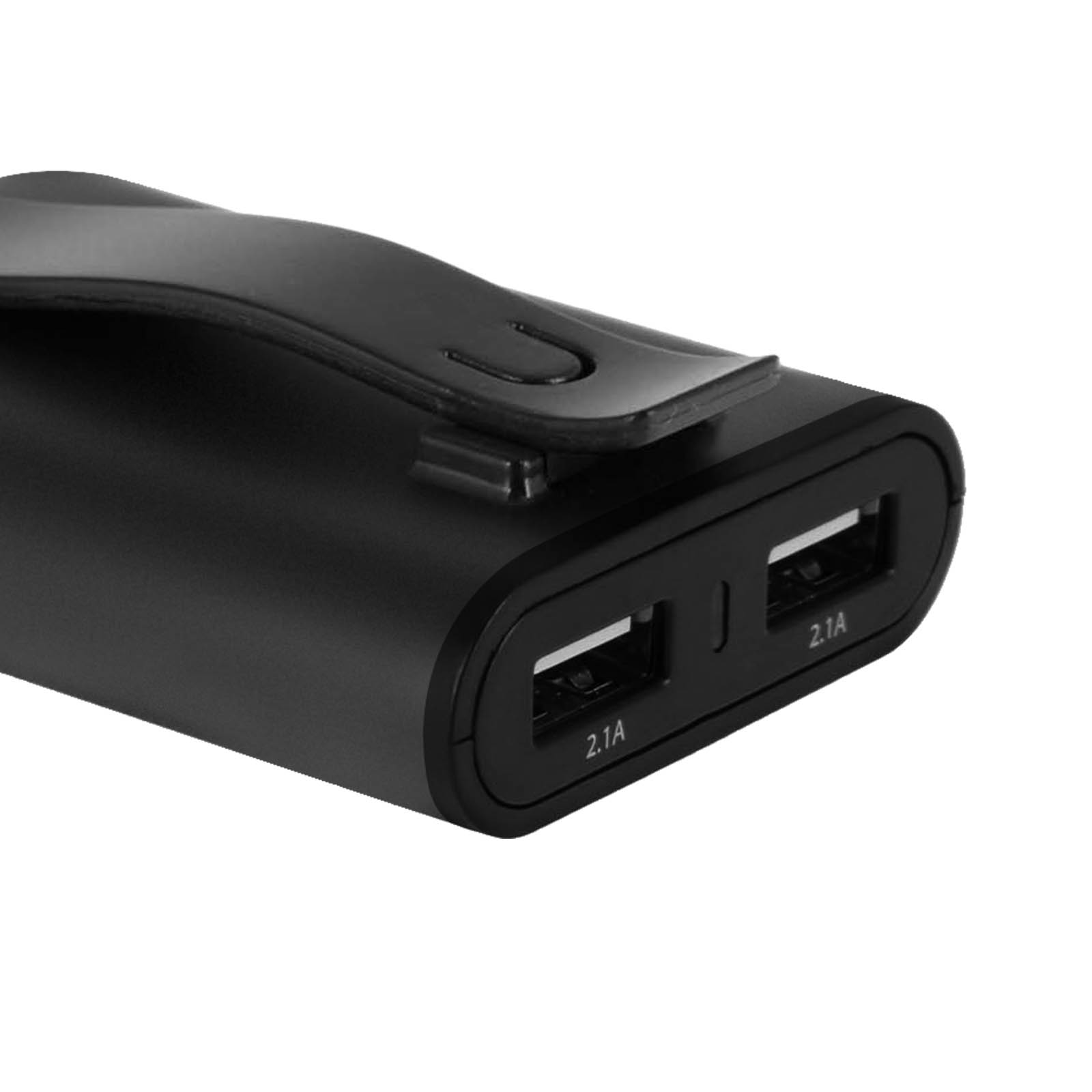 Un power bank nero con due porte USB, una clip e indicazioni 2.1A.