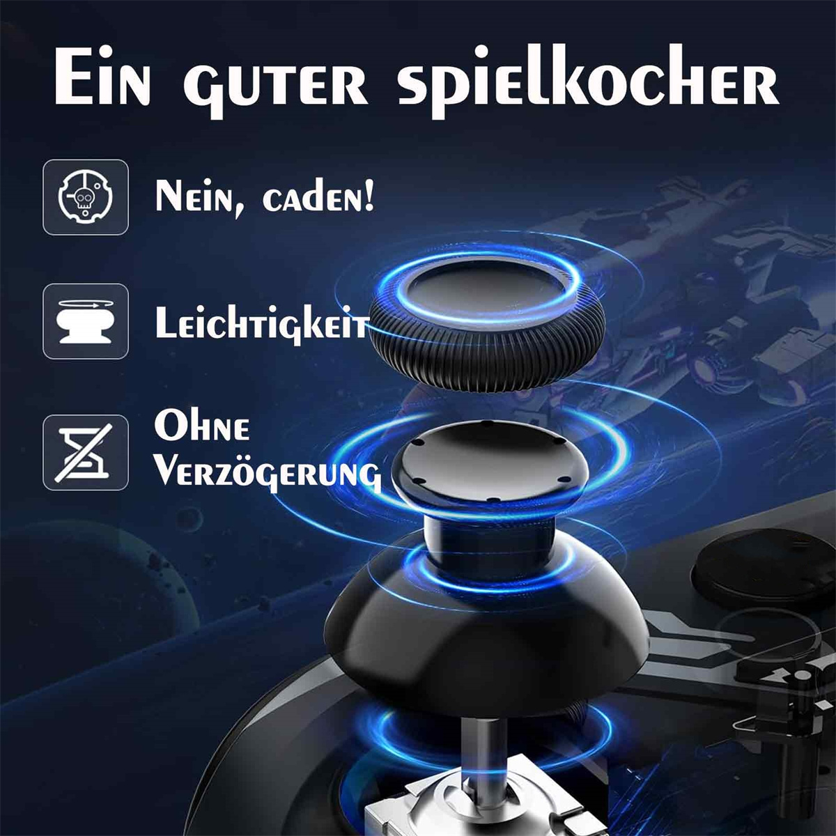 Das Bild zeigt einen schwarzen Gaming-Controller mit leuchtend blauen Linien. Text auf Deutsch hebt die wichtigsten Funktionen hervor.