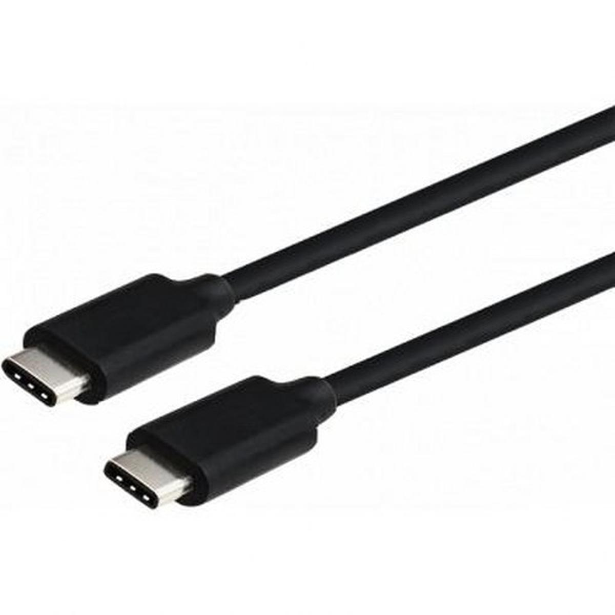 Due cavi USB-C neri su sfondo bianco. Ogni cavo ha un connettore rettangolare con contatti argentati.
