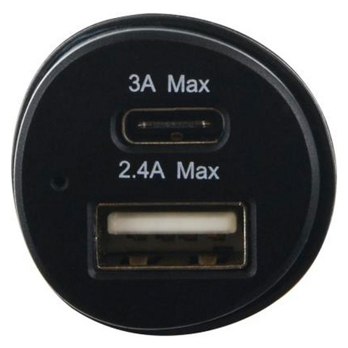 Un primo piano di un caricabatterie per auto nero. Ha una porta USB-C e una porta USB. Il testo dice 3A Max e 2.4A Max.