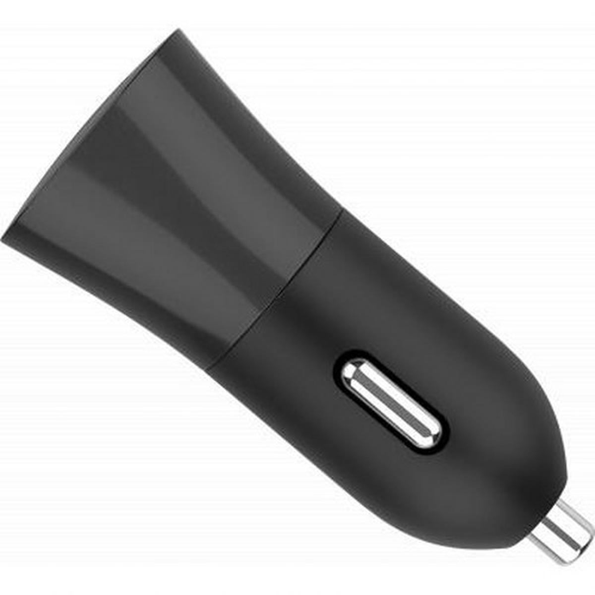 Un caricabatterie per auto nero con una spia argentata e una punta di ricarica argentata. Il caricabatterie ha un design elegante e moderno.
