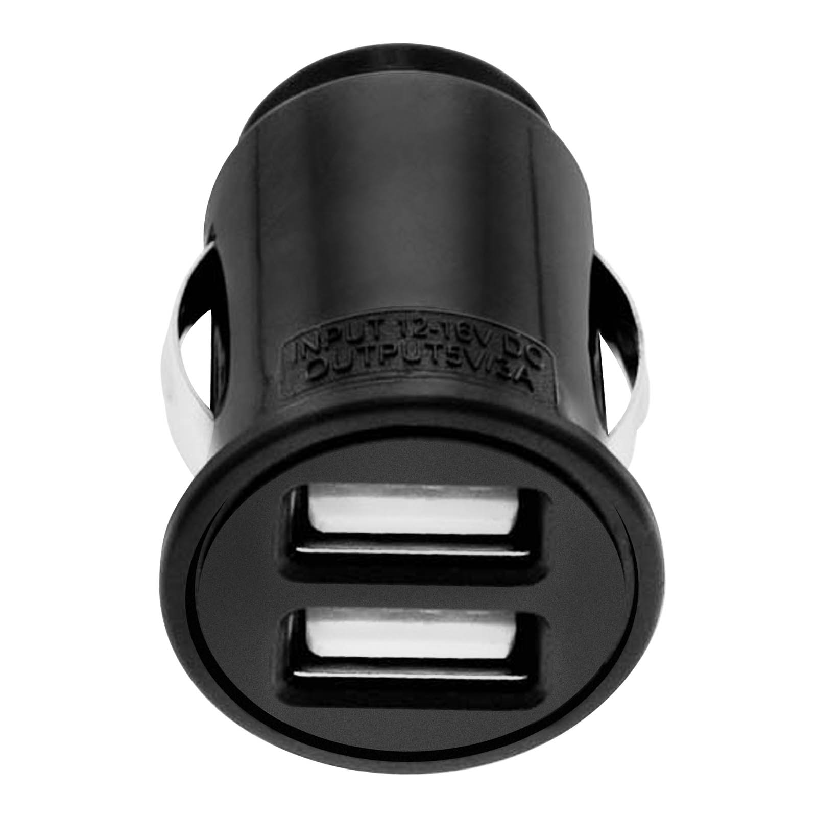 Un caricabatterie per auto USB nero con due porte USB. Sono visibili accenti in metallo argentato. Lo sfondo è bianco.