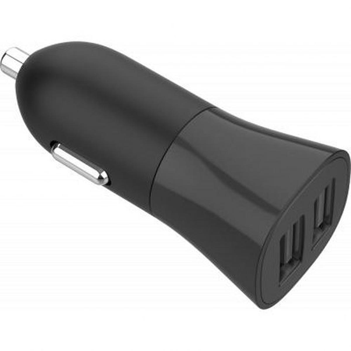 Caricabatterie per auto nero con due porte USB. Dettagli argento. Vista angolata su sfondo bianco.