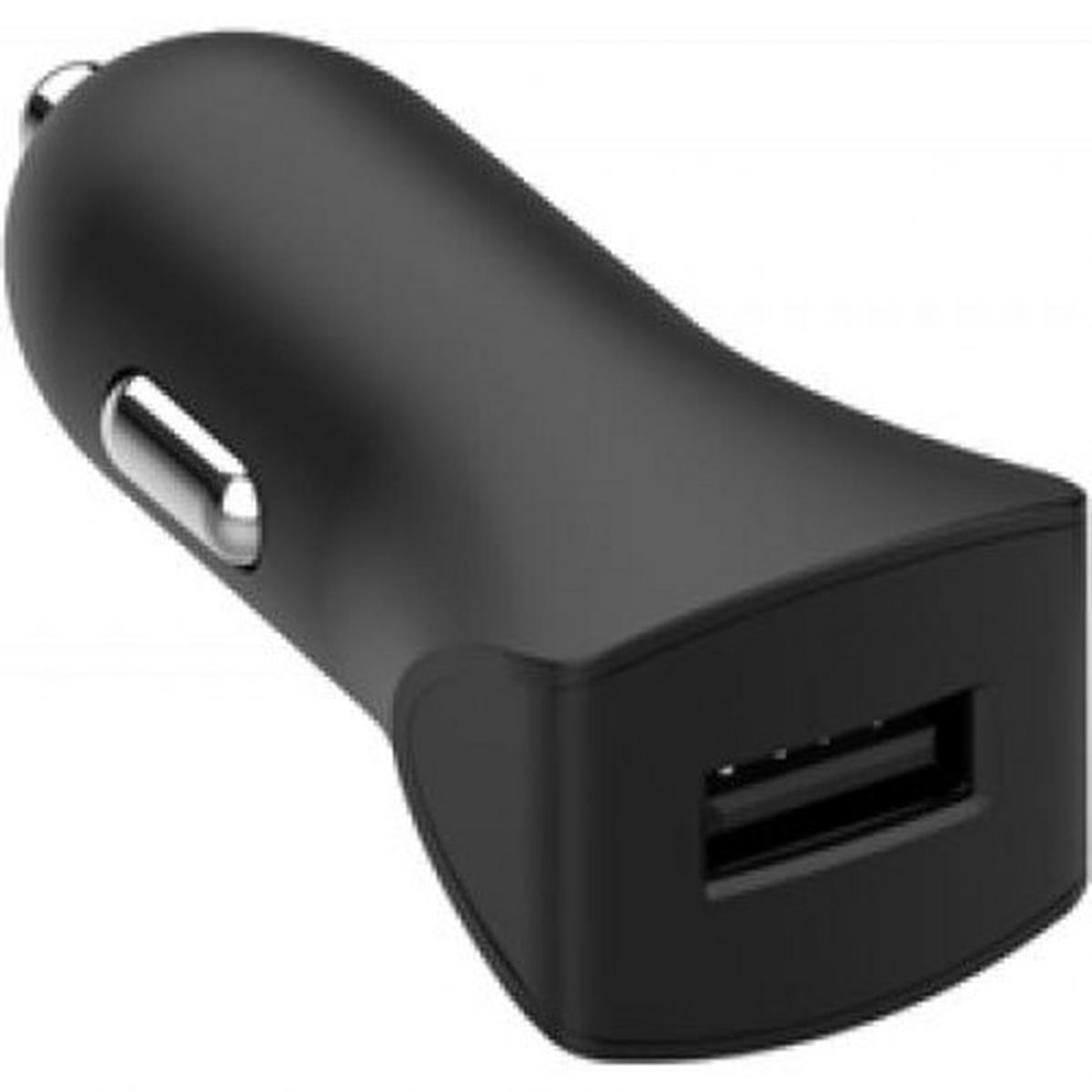 Un adattatore per caricabatterie per auto nero con una porta USB. Ha un corpo arrotondato e un accento argentato. Lo sfondo è bianco.
