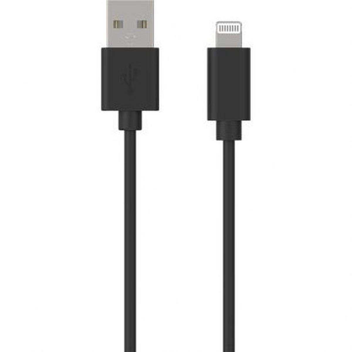 Due cavi di ricarica neri: un cavo USB e un cavo Lightning, entrambi con connettori neri e lunghi cavi neri, su sfondo bianco.