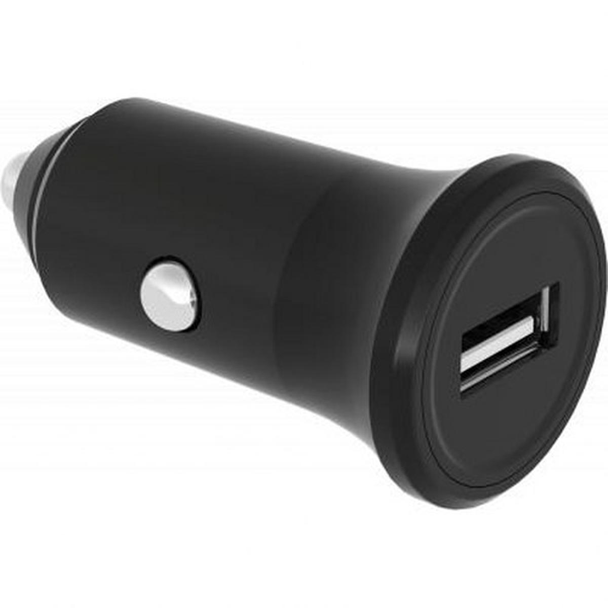 Un caricabatterie per auto nero con porta USB. Ha un pulsante rotondo e una punta argentata. Lo sfondo è bianco.