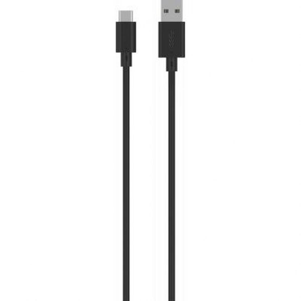 Un cable USB negro con dos conectores sobre un fondo blanco.