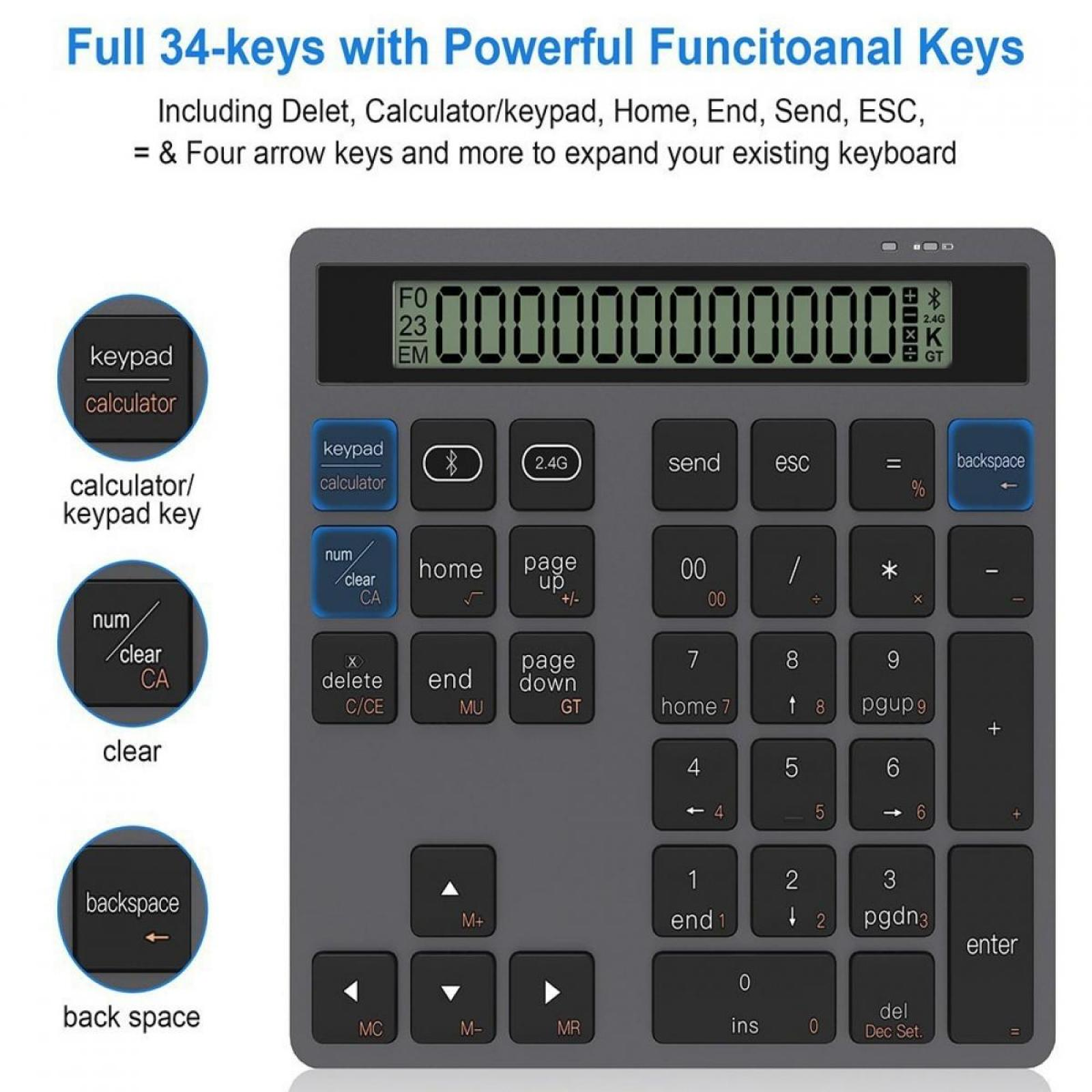 Taschenrechner-Tastatur mit Zifferntasten, Funktionstasten und Digitalanzeige. Graue Farbe.