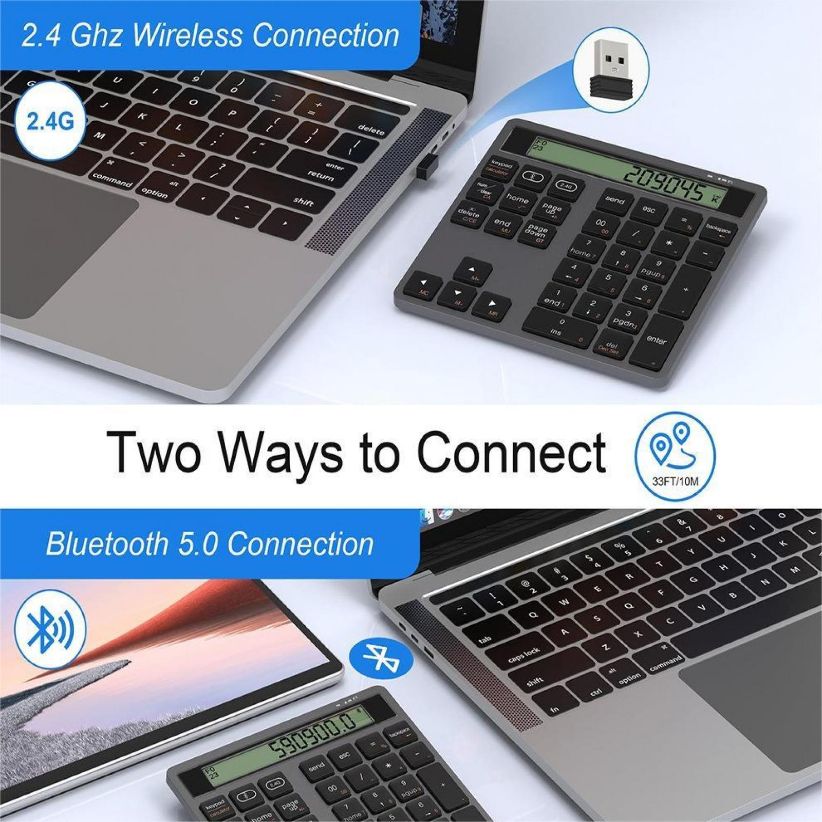 Das Bild zeigt zwei Möglichkeiten, einen Taschenrechner anzuschließen: 2,4 GHz Wireless über USB und Bluetooth 5.0. Laptops und Rechner werden angezeigt.