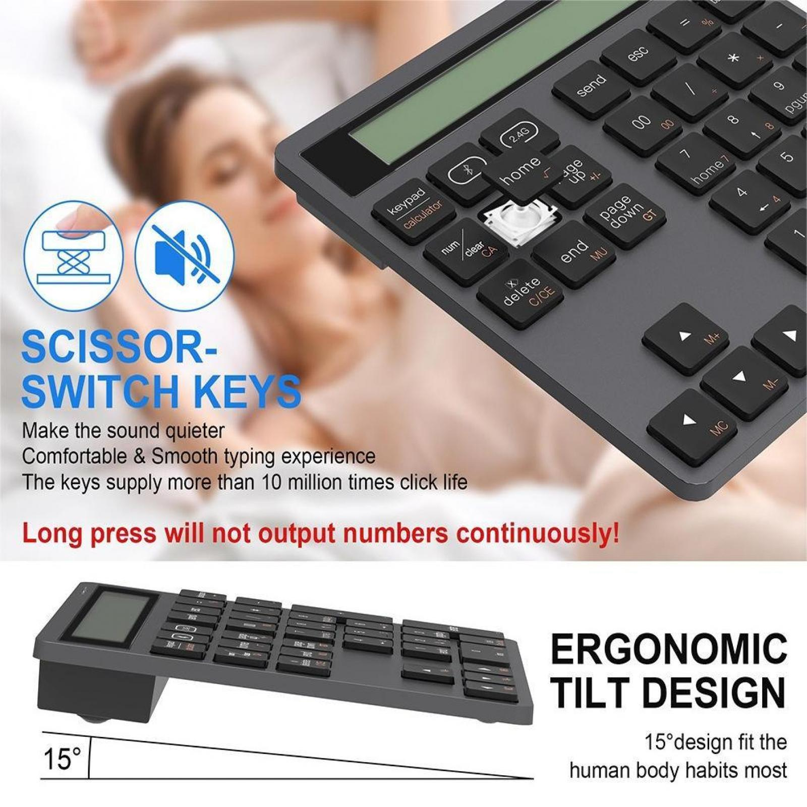 Nahaufnahme einer Tastatur mit schwarzen Tasten und weißen Buchstaben. Die Tastatur ist um 15 Grad geneigt. Text-Overlay.