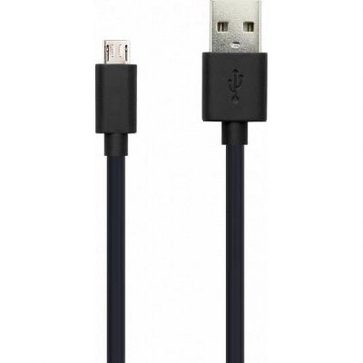 Vengono mostrati due cavi USB neri. Uno ha un'estremità micro USB, l'altro un'estremità USB standard. Entrambi hanno fili neri lunghi.