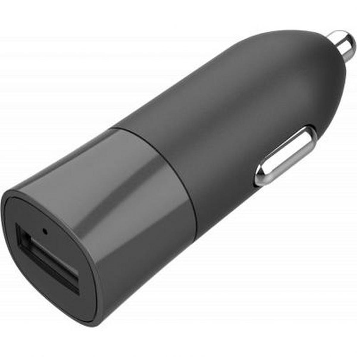 Un caricabatterie per auto grigio scuro con porta USB. Ha una forma arrotondata, un dettaglio in metallo argentato e una punta argentata.